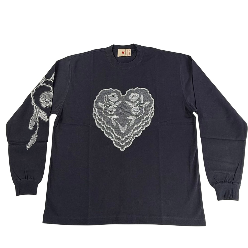 Emotionally Unavailable Lace Heart Long Sleeve T-Shirt Black Mens Large